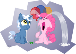 Size: 800x571 | Tagged: dead source, safe, artist:jenny-jen, imported from derpibooru, pinkie pie, pokey pierce, earth pony, pony, unicorn, balloon, balloon popping, bully, bullying, crying, duo, female, male, mare, ocular gushers, photoshop, pure unfiltered evil, sad, simple background, stallion, this will end in cupcakes, transparent background, uvula