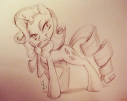 Size: 720x577 | Tagged: safe, artist:littletiger488, imported from derpibooru, rarity, pony, unicorn, beautiful, bedroom eyes, bow, female, lidded eyes, mare, monochrome, photoshop, seductive pose, sepia, smiling, solo, traditional art