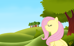 Size: 1280x800 | Tagged: dead source, safe, artist:nana-z, imported from derpibooru, fluttershy, pegasus, pony, calm, eyes closed, female, mare, meditation, outdoors, relaxing, smiling, solo, tree