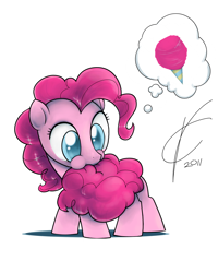 Size: 1600x2000 | Tagged: safe, artist:valcron, imported from derpibooru, pinkie pie, earth pony, pony, 2011, artifact, biting, colored pupils, cotton candy, cotton candy tail, cute, diabetes, diapinkes, digital art, female, filly, food, hnnng, looking back, mare, nibbling, nom, pinkie being pinkie, puffy cheeks, silly, silly pony, simple background, solo, tail, tail bite, thought bubble, weapons-grade cute, white background, wide eyes, younger