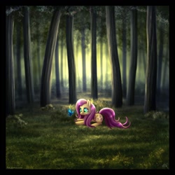 Size: 1056x1056 | Tagged: dead source, safe, artist:mylafox, imported from derpibooru, fluttershy, butterfly, pegasus, pony, colored pupils, female, forest, grass, mare, photoshop, prone, solo