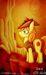 Size: 500x800 | Tagged: safe, artist:gamibrii, imported from derpibooru, braeburn, earth pony, pony, over a barrel, desert, first braeburn picture on derpibooru, male, reflection, serious, serious face, solo, stallion, standing