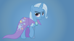 Size: 1920x1080 | Tagged: safe, artist:shelmo69, imported from derpibooru, trixie, pony, unicorn, boast busters, blue background, brooch, cape, clothes, female, gradient background, jewelry, mare, photoshop, show accurate, solo, trixie's brooch, trixie's cape, wallpaper, was there ever any doubt?