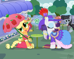 Size: 1280x1024 | Tagged: safe, artist:facelessjr, artist:niggerfaggot, imported from derpibooru, applejack, rarity, oc, unnamed oc, earth pony, pony, unicorn, apple, applejack also dresses in style, classy, clothes, cute, dress, duo focus, female, food, glowing horn, hatless, jackabetes, jewelry, kitsch, levitation, magic, male, mare, missing accessory, necklace, open mouth, perfume, pompadour, raised hoof, raised leg, raribetes, saddle, show accurate, sitting, stallion, tack, telekinesis, umbrella