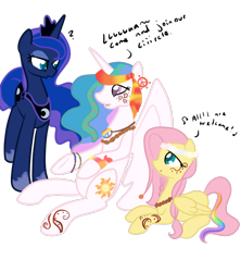 Size: 800x900 | Tagged: safe, artist:otterlore, imported from derpibooru, fluttershy, princess celestia, princess luna, alicorn, pegasus, pony, unicorn, colored pupils, cute, cutelestia, dialogue, english, female, folded wings, henna, high, hippie, hippieshy, hoof shoes, horn, lunabetes, mare, missing wing, partially open wings, peace sign, question mark, rainbow, royal sisters, shyabetes, siblings, sidemouth, simple background, sisters, sitting, standing, stoned, transparent background, trio, trio female, unicorn luna, wat, wings