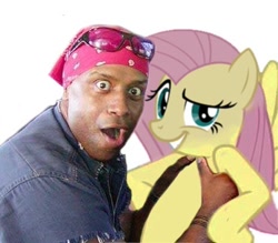 Size: 414x362 | Tagged: safe, imported from derpibooru, fluttershy, human, pegasus, pony, duo, female, happy negro, irl, irl human, mare, meme, photo, photoshop, simple background, white background