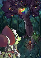 Size: 640x900 | Tagged: safe, artist:don-ko, imported from derpibooru, granny smith, earth pony, parasprite, pony, family appreciation day, adorasmith, apple, cottagecore, cute, everfree forest, eyes in the dark, female, filly, mare, photoshop, shiny, solo, tree, young granny smith, younger, zap apple, zap apple tree