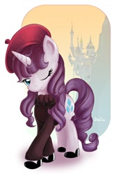 Size: 670x1024 | Tagged: safe, artist:don-ko, imported from derpibooru, rarity, pony, unicorn, sweet and elite, alternate hairstyle, beatnik rarity, beret, canterlot, clothes, fashion, female, hat, mare, photoshop, shoes, simple background, solo, sweater, white background, wink