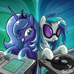 Size: 600x600 | Tagged: safe, artist:don-ko, imported from derpibooru, dj pon-3, princess luna, vinyl scratch, alicorn, pony, unicorn, colored pupils, cute, disc jockey, duo, duo female, female, g4, hoof shoes, lunabetes, mare, photoshop, s1 luna, smiling, turntable, vinylbetes