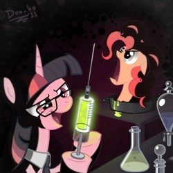 Size: 600x600 | Tagged: safe, artist:don-ko, imported from derpibooru, pinkie pie, twilight sparkle, earth pony, pony, unicorn, artifact, beaker, cthulhu mythos, disembodied head, duo, duo female, erlenmeyer flask, female, forever, glasses, glow, glowing, herbert west, laboratory, lovecraft, mad scientist, mare, necktie, needle, photoshop, re-animator, science, stand back i'm going to try science, syringe, unicorn twilight