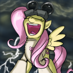 Size: 640x640 | Tagged: safe, artist:giantmosquito, imported from derpibooru, fluttershy, pegasus, pony, ask-equestria, clothes, cloud, cloudy, coat, crossover, dr adorable, dr. horrible, dr. horrible's sing-along blog, evil laugh, eyes closed, female, g4, gloves, goggles, lab coat, laughing, lightning, mare, open mouth, outdoors, pure unfiltered evil, singing, solo, spread wings, standing, storm, thunderstorm, tongue out, wings