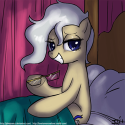 Size: 900x900 | Tagged: safe, artist:johnjoseco, imported from derpibooru, mayor mare, earth pony, pony, adobe imageready, beautiful, bed, bedroom eyes, colored pupils, female, g4, glasses, glasses off, mare, morning ponies, sitting, solo