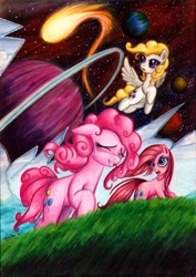 Size: 800x1127 | Tagged: safe, artist:lavosvsbahamut, imported from derpibooru, pinkie pie, surprise, earth pony, pegasus, pony, 1st surprise post on ponerpics, adoraprise, angry, blushing, breaking the fourth wall, broken, colored pencil drawing, coloured pencil, comet, complex background, crack, cute, cuteamena, diapinkes, earth, epic, eyes closed, female, flying, fourth wall, fourth wall destruction, frown, g1, g1 to g4, g4, galloping, gel pen, generation leap, grass, mare, open mouth, photoshop elements, pinkamena diane pie, pinkie pie is not amused, planet, planetary ring, running, self ponidox, smiling, space, stars, surprise can fly, sweat, sweatdrop, teary eyes, traditional art, trinity pie, trio, trio female, unamused, walking, watercolor painting, watercolour