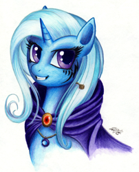 Size: 800x989 | Tagged: safe, artist:lavosvsbahamut, imported from derpibooru, trixie, pony, unicorn, accessories, accessory, bust, cape, clothes, colored pencil drawing, coloured pencil, crescent moon, female, g4, jewelry, looking up, mare, moon, necklace, pencil, portrait, simple background, smiling, solo, tattoo, traditional art, trixie's cape, watercolor painting, watercolour, white background