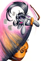 Size: 900x1347 | Tagged: safe, artist:lavosvsbahamut, imported from derpibooru, octavia melody, earth pony, pony, action pose, angry, bow, cello, colored pencil drawing, coloured pencil, combat, female, fight, gel pen, jumping, mare, melee weapon, musical instrument, pencil, photoshop elements, sheet, sheet music, simple background, smiling, solo, swing, swinging, traditional art, watercolor painting, watercolour, weapon, white background