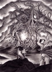 Size: 900x1253 | Tagged: safe, artist:lavosvsbahamut, imported from derpibooru, rainbow dash, trixie, twilight sparkle, pegasus, pony, unicorn, 228, elder sign, eldritch abomination, element of destruction, female, g4, get, grayscale, index get, mare, monochrome, photoshop elements, tattoo, trio, trio female