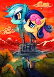 Size: 700x990 | Tagged: safe, artist:lavosvsbahamut, imported from derpibooru, bon bon, lyra heartstrings, sweetie drops, earth pony, pony, unicorn, cloud, colored pencil drawing, crossover, duo, featured image, female, g4, lesbian, lyrabon, macross, mare, mountain, parody, photoshop elements, poster, robotech, sdf 1, shipping, smiling, traditional art