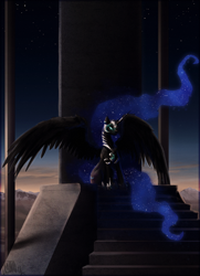 Size: 984x1362 | Tagged: safe, artist:cosmicunicorn, imported from derpibooru, nightmare moon, alicorn, pony, female, g4, glowing eyes, long hair, long mane, long tail, mare, mountain, night, painting, photoshop, scenery, sky, solo, spread wings, stairs, stars, throne