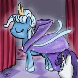 Size: 900x900 | Tagged: dead source, safe, artist:speccysy, imported from derpibooru, rarity, trixie, pony, unicorn, alternate hairstyle, aura, cap, clothes, colored pupils, crown, dignified wear, dress, duo, duo female, eyes closed, female, gala dress, hat, mare