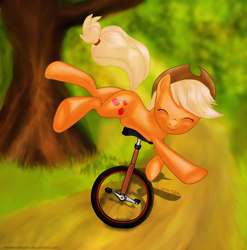 Size: 2076x2098 | Tagged: dead source, safe, artist:hereticalrants, imported from derpibooru, applejack, earth pony, pony, applejack's hat, cowboy hat, cute, description in comments, female, funny, grass, happy, hat, high res, jackabetes, mare, path, silly, silly pony, solo, tree, trick, unicycle, who's a silly pony