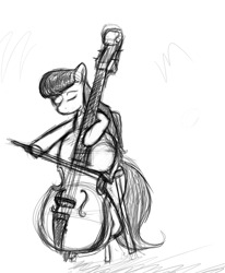 Size: 677x822 | Tagged: safe, artist:enma-darei, imported from derpibooru, octavia melody, earth pony, pony, black and white, bow (instrument), classy, contrabass, double bass, female, grayscale, mare, monochrome, musical instrument, palindrome get, simple background, sketch, solo, stool, white background