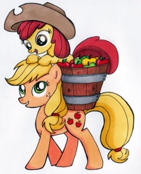 Size: 1480x1827 | Tagged: safe, artist:thedarklordkeisha, imported from derpibooru, apple bloom, applejack, earth pony, pony, accessory swap, apple, apple bloom riding applejack, apple sisters, applejack's hat, basket, blank flank, cowboy hat, duo, duo female, female, filly, foal, freckles, happy, hat, looking at each other, mare, ponies riding ponies, riding, simple background, sisters, stetson, traditional art, white background