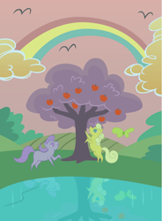 Size: 1450x1975 | Tagged: safe, artist:capt-nemo, imported from derpibooru, bird, butterfly, earth pony, pony, winter wrap up, apple, apple tree, blank flank, cloud, cloudy, cmyk, duo, duo female, female, food, grape oasis, lake, lime paradise, mare, picture, rainbow, raised leg, rearing, reflection, tree, water