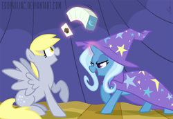 Size: 1800x1238 | Tagged: dead source, safe, artist:egophiliac, imported from derpibooru, derpy hooves, trixie, pegasus, pony, unicorn, boast busters, card, clothes, colored pupils, cute, derpabetes, diatrixes, duo, duo female, female, food, glowing horn, hat, levitation, lidded eyes, magic, magic show, magic trick, mare, mischievous, muffin, open mouth, raised hoof, shadow, show accurate, smiling, telekinesis, trixie's hat