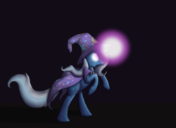 Size: 985x719 | Tagged: safe, artist:enma-darei, imported from derpibooru, trixie, pony, unicorn, bipedal, darkness, female, glowing eyes, glowing horn, magic, mare, rearing, solo, trixie's cape, trixie's hat