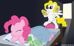 Size: 2560x1600 | Tagged: safe, artist:adiwan, imported from derpibooru, gummy, pinkie pie, surprise, crocodile, earth pony, pegasus, pony, reptile, bed, blanket, cymbals, deviantart, female, g1, g1 to g4, g4, generation leap, hat, incoming prank, mare, musical instrument, newbie artist training grounds, nightcap, photoshop, prank, pure unfiltered evil, show accurate, sleeping, this will end in tears, trio, wallpaper, you monster