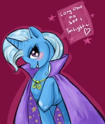 Size: 681x800 | Tagged: safe, artist:donenaya, imported from derpibooru, trixie, pony, unicorn, blushing, dialogue, female, heart, implied lesbian, implied shipping, implied twilight sparkle, implied twixie, looking at you, mare, photoshop, raised hoof, red background, simple background, solo, trixie's cape, trixie's hat