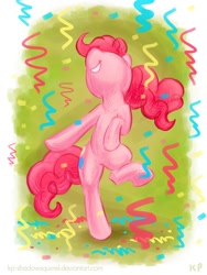 Size: 750x1000 | Tagged: safe, artist:kp-shadowsquirrel, imported from derpibooru, pinkie pie, earth pony, pony, bipedal, confetti, cute, dancing, diapinkes, female, grin, mare, party, ponk, raised leg, smiling, solo