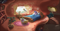 Size: 3000x1600 | Tagged: safe, artist:stinkehund, imported from derpibooru, spike, twilight sparkle, dragon, pony, unicorn, bed, bedroom, book, bookshelf, clock, cuckoo clock, dark, duo, female, golden oaks library, heartwarming, horseshoes, house plant, loft, male, mare, morning, photoshop, sleeping, telescope, twilight's bedroom, unicorn twilight, wallpaper, wholesome, window