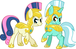 Size: 6225x4000 | Tagged: safe, artist:spaceponies, imported from derpibooru, bon bon, lyra heartstrings, sweetie drops, earth pony, pony, unicorn, absurd resolution, angry, armor, duo, duo female, female, helmet, hoof shoes, mare, royal guard armor, show accurate, simple background, solo, transparent background, vector, war face