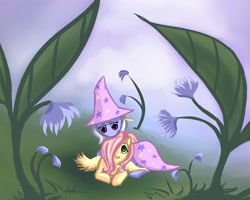 Size: 2000x1600 | Tagged: dead source, safe, artist:ninjaham, imported from derpibooru, fluttershy, trixie, pegasus, pony, unicorn, acdsee, colored pupils, cute, diatrixes, duo, female, flower, grass, lesbian, mare, palindrome get, prone, shipping, shyabetes, smiling, trixie's cape, trixie's hat, trixieshy