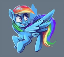 Size: 800x716 | Tagged: safe, artist:owlygem, imported from derpibooru, rainbow dash, pegasus, pony, female, flying, gray background, looking back, mare, photoshop, simple background, smiling, solo, spread wings, wings