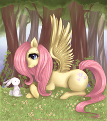 Size: 900x1024 | Tagged: dead source, safe, artist:felynea, imported from derpibooru, angel bunny, fluttershy, pegasus, pony, colored pupils, duo, female, forest, grass, mare, prone, spread wings, wings, wrong eye color