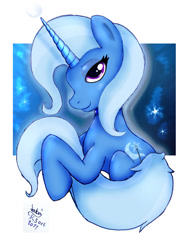 Size: 910x1200 | Tagged: safe, artist:joakaha, imported from derpibooru, trixie, pony, unicorn, abstract background, blushing, female, hug, looking at you, mare, photoshop, smiling, solo, stars, tail hug