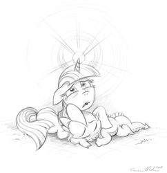 Size: 704x728 | Tagged: dead source, safe, artist:raveneesimo, imported from derpibooru, spike, twilight sparkle, dragon, pony, unicorn, duo, female, fim crew, floppy ears, glowing horn, grayscale, looking at you, male, mama twilight, mare, monochrome, prone, sad, simple background, sketch, unicorn twilight, white background