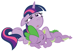 Size: 2320x1636 | Tagged: safe, artist:ironfruit, artist:raveneesimo, imported from derpibooru, spike, twilight sparkle, dragon, pony, unicorn, concerned, cute, duo, female, floppy ears, glowing horn, male, mama twilight, mare, photoshop, prone, sad, show accurate, simple background, sleeping, spikabetes, sucking thumb, thumb sucking, transparent background, unicorn twilight, vector