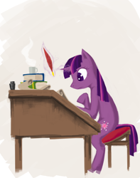 Size: 1080x1368 | Tagged: safe, artist:hawtkoffee, imported from derpibooru, twilight sparkle, pony, unicorn, book, chair, coffee mug, colored pupils, desk, feather, female, glowing horn, ink, magic, mare, mug, photoshop, simple background, sitting, solo, telekinesis, unicorn twilight, writing