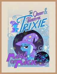 Size: 587x768 | Tagged: safe, artist:purpletinker, imported from derpibooru, trixie, pony, unicorn, ursa major, female, mare, poster, smiling, solo, trixie's cape, trixie's hat