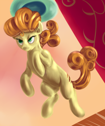 Size: 832x1000 | Tagged: safe, artist:sb, imported from derpibooru, carrot top, golden harvest, earth pony, pony, colored pupils, female, floating, hat, jumping, mare, solo