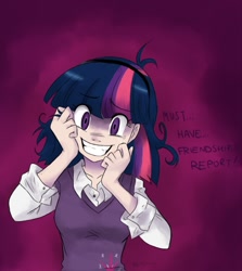 Size: 670x750 | Tagged: safe, artist:meroni, imported from derpibooru, twilight sparkle, human, lesson zero, creepy, crying, cutie mark on clothes, eyebrows, eyebrows visible through hair, female, gradient background, gritted teeth, humanized, insanity, messy mane, paint tool sai, psycho, smiling, solo, twilight snapple