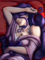 Size: 893x1200 | Tagged: safe, artist:quizzicalkisses, imported from derpibooru, rarity, human, bathrobe, beautiful, bed, bedroom eyes, bra, breasts, busty rarity, cleavage, clothes, colored pupils, female, frilly underwear, humanized, lips, looking at you, necklace, on back, robe, sexy, smiling, solo, stupid sexy rarity, underwear