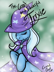 Size: 504x670 | Tagged: dead source, safe, artist:veritasket, imported from derpibooru, trixie, pony, unicorn, bipedal, eyes closed, female, jewelry, mare, pendant, photoshop, smiling, solo, trixie's cape, trixie's hat