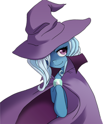 Size: 1492x1787 | Tagged: dead source, safe, artist:the-orator, imported from derpibooru, trixie, pony, unicorn, cape, clothes, colored pupils, female, hat, looking at you, mare, mysterious, photoshop, raised hoof, shadow, simple background, smiling, solo, transparent background, trixie's cape, trixie's hat