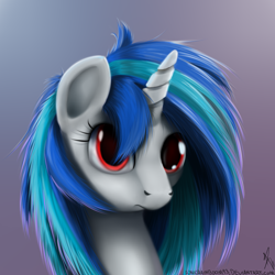 Size: 1100x1100 | Tagged: dead source, safe, artist:sonicrainboom93, imported from derpibooru, dj pon-3, vinyl scratch, pony, unicorn, bust, female, gradient background, looking at you, mare, portrait, purple background, red eyes, solo