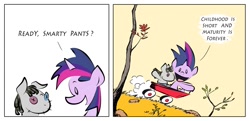 Size: 1500x723 | Tagged: dead source, safe, artist:harsadeur, imported from derpibooru, smarty pants, twilight sparkle, pony, unicorn, lesson zero, 2 panel comic, calvin and hobbes, comic, crossover, duo, female, filly, filly twilight sparkle, photoshop, style emulation, truth, twilight and smarty, unicorn twilight, younger