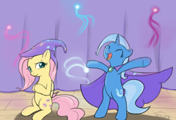 Size: 1500x1028 | Tagged: safe, artist:theparagon, imported from derpibooru, fluttershy, trixie, pegasus, pony, unicorn, bipedal, cape, clothes, duo, featureless crotch, female, happy, hat, lesbian, magic, mare, shipping, smiling, stage, trixie's cape, trixie's hat, trixieshy